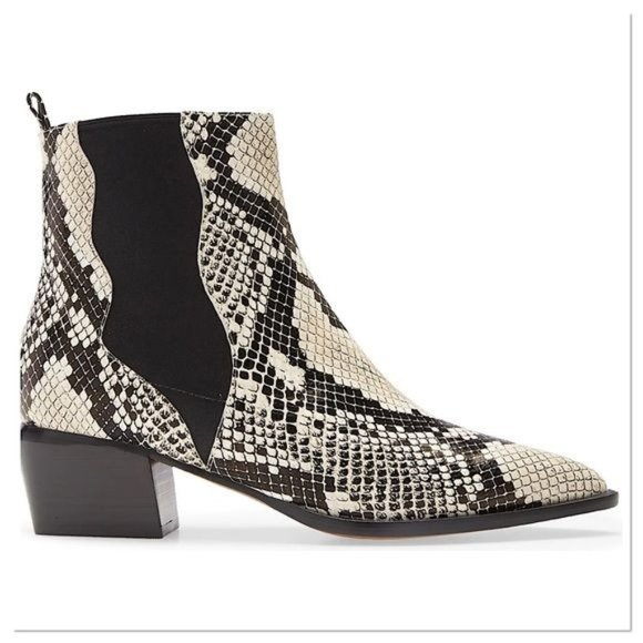 LINEA PAOLO Vu Ankle Chelsea Boots in Black white Snake embossed Leather 6 NWOT - Picture 1 of 11